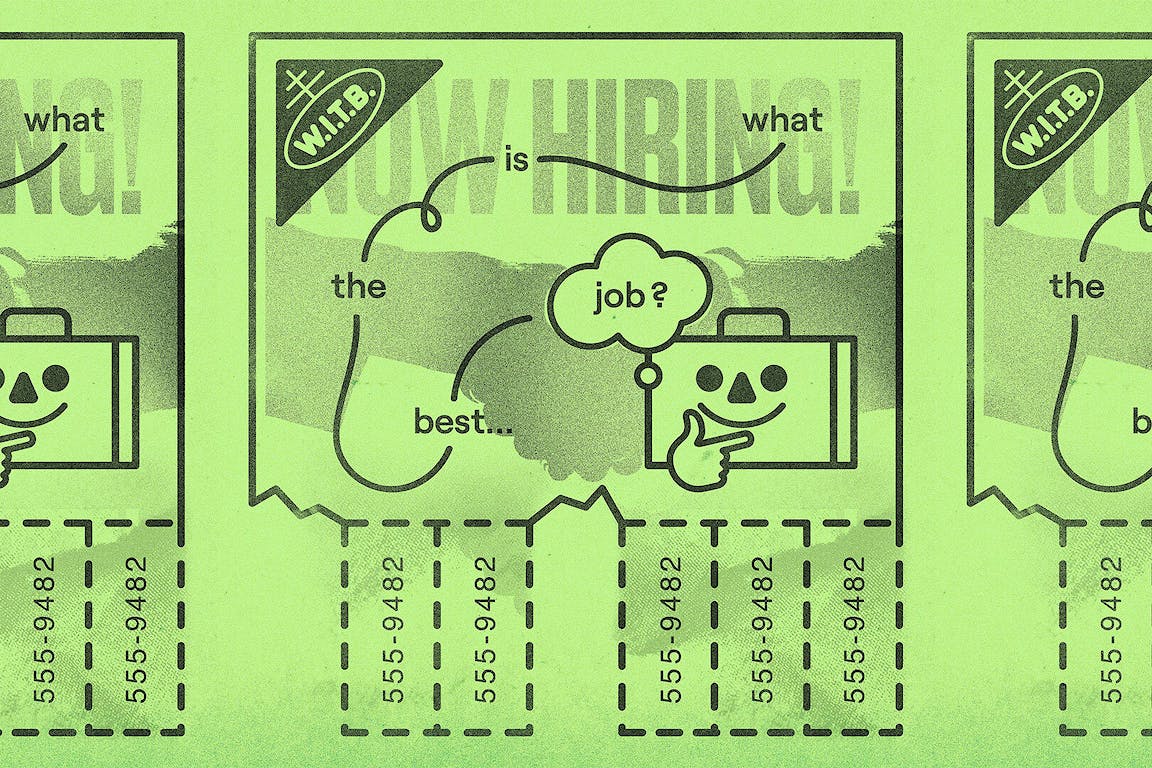 A suitcase has a thought bubble that reads "What is the best job?"